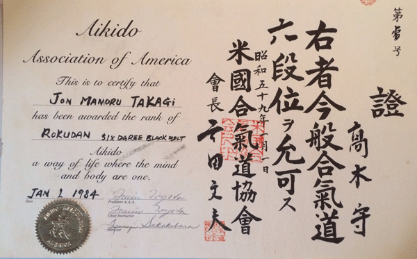 Takagi Sensei Rokudan Certificate